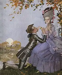 К. А. Сомов. Юноша на коленях перед дамой. 1916. Гуашь, картон. Частное собрание