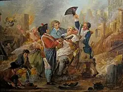 Бомбардировка Лилля в 1792 году. Брадобрей из Лилля продолжает работу под огнём на улице города.