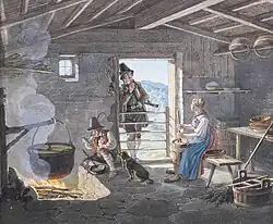 Визит охотника в альпийскую хижину. 1837. Бумага, акварель, гуашь. Частное собрание