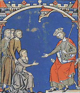 Мемфивосфей просит прощения у Давида. Иллюстрация из Библии Мациевского