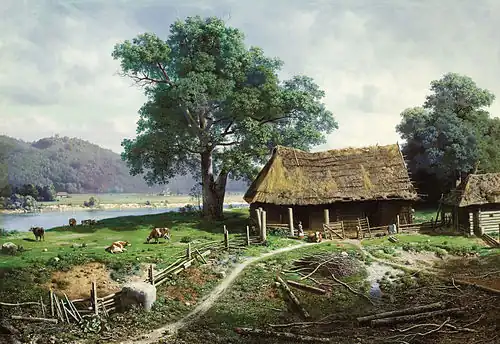 М. К. Клодт. Крестьянская усадьба у реки. 1858