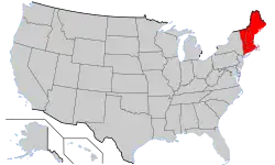 "A picture showing New England highlighted in red in a political map of the United States."