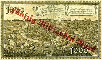 Выпущенные городом Хоф в 1920 г. нотгельды, на которых изображена его осада (Ганс Глазер, гравюра на дереве)