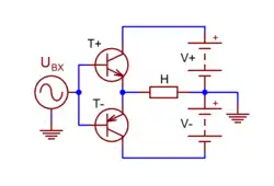 Упрощённая структурная схема двухтактного эмиттерного повторителя на комплементарных биполярных транзисторах с двухполярным питанием и непосредственной связью с нагрузкой