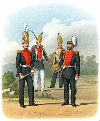 1873-1876. Обер-офицер в парадной форме, жалонер в обыкновенной строевой форме, барабанщик в парадной форме, адъютант в праздничной форме.