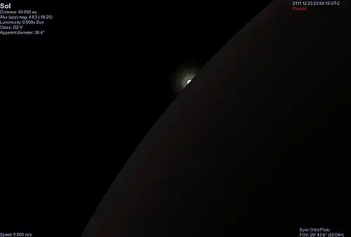 Солнце скрывается за поверхностью Харона во время полного солнечного затмения на Плутоне 23 декабря 2111 года (смоделировано в программе Celestia)