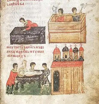 Строительство деревянного храма-усыпальницы (сверху) и перенос в него раки князей Бориса и Глеба (внизу). Миниатюра из сильвестровского сборника, вторая половина XIV века