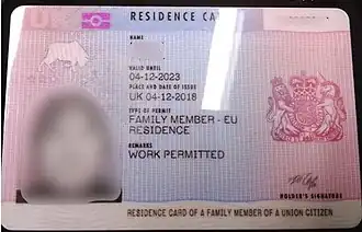 Образец вида на жительство в Англии