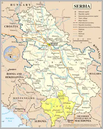 Официальная карта СР Югославии (жёлтым выделено Косово)