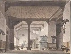 Интерьер высокого зала с деревянным потолком и изразцовой печью. 1819. Бумага, акварель. Частное собрание