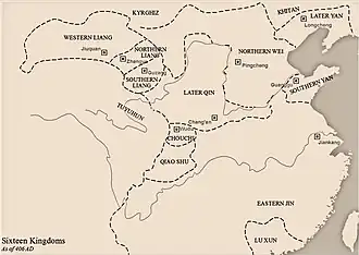 Китайские земли в 406 году; Западная Шу подписана как "Qiao Shu"