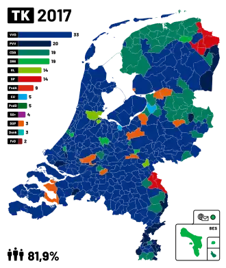 Муниципалитеты (тёмно-зелёный цвет), выигранные CDA на выборах 2017 года