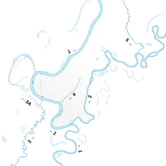 1 — река Белая, 2 — река Уфа, 3 — река Дёма, 3А — Старое русло Дёмы, 4 — река Сутолока, 5 — река Шугуровка. В конце XIX века русло Дёмы изменили с 3A на 3.