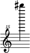 { \new Staff \with { \remove "Time_signature_engraver"} {\clef "treble^15" bis''''''4}}