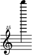 { \new Staff \with { \remove "Time_signature_engraver"} {\clef "treble^15" d'''''''4}}